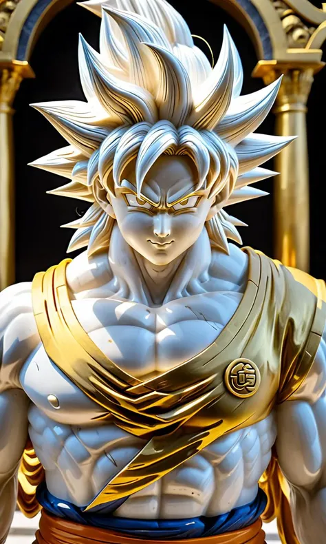 a stone statue of goku, best quality, masterpiece,  <lora:cstatuesdxl:1>, cstatuesdxl, white and gold,