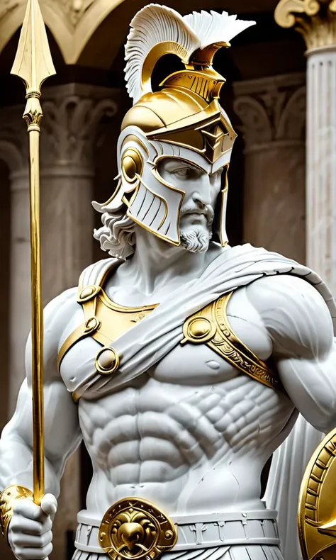 a statue of ares, best quality, masterpiece, <lora:cstatuesdxl:0.8>, cstatuesdxl, white and gold, holding spear, armored, spartan helmet