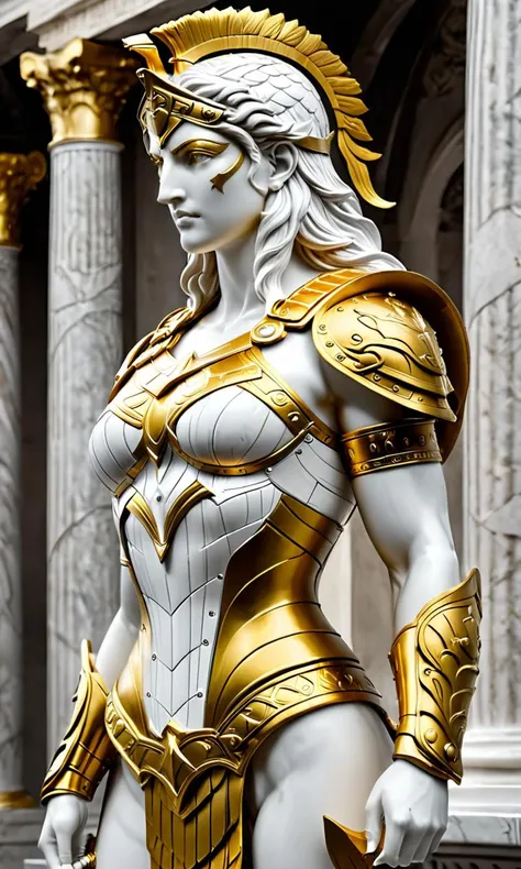 a statue of an Amazon in armor, best quality, masterpiece,  <lora:cstatuesdxl:0.8>, cstatuesdxl, white and gold, muscular woman,