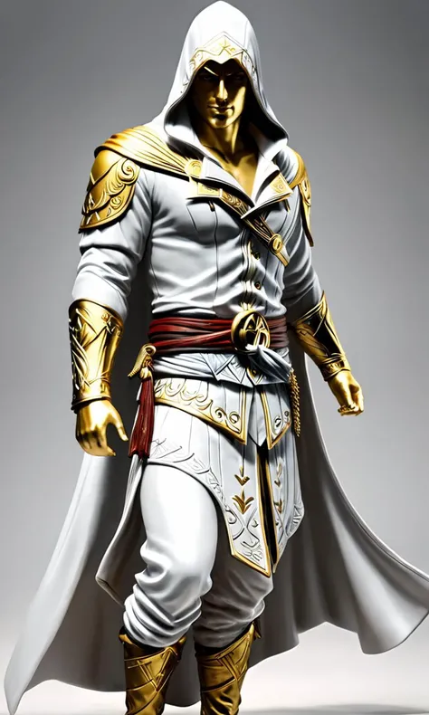 a statue of a man wearing a hood, best quality, masterpiece, <lora:cstatuesdxl:0.8>, cstatuesdxl, white and gold, assassin's creed ii, ezio auditore da firenze,