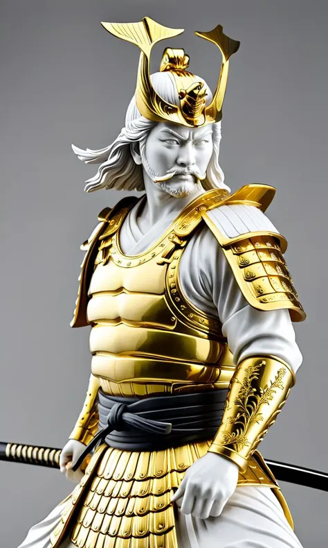 a statue of samurai in armor holding katana, best quality, masterpiece,  <lora:cstatuesdxl:0.8>, cstatuesdxl, white and gold,