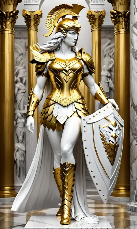 a statue of an Amazon in armor, best quality, masterpiece, <lora:cstatuesdxl:0.8>, cstatuesdxl, white and gold, muscular woman,
