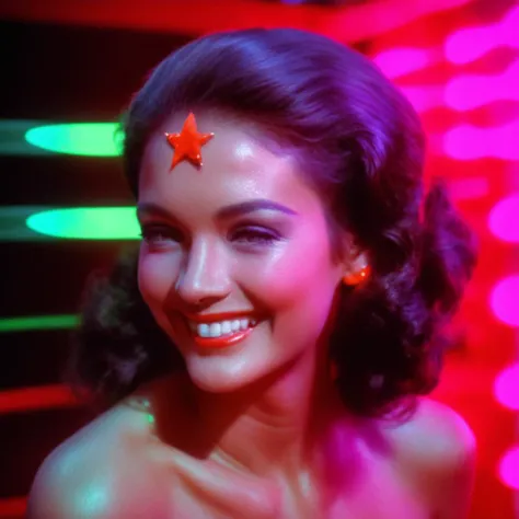 medium shot, w0nd3r woman, smiling, fluorescent colors, vibrant hues, gradient, neon lights, niji style <lora:w0nd3r-woman-000006:0.7>