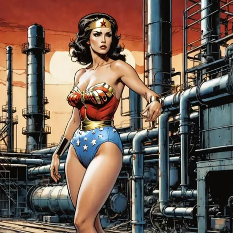Capture the dynamic and alluring illustrations of Adam Hughes photo of w0nd3r woman, medium shot, clenched fist, background of a factory, red alarm light, pipes, machinery<lora:w0nd3r-woman-000006:0.7> . Comic book heroes, powerful poses, detailed linework, iconic characters
