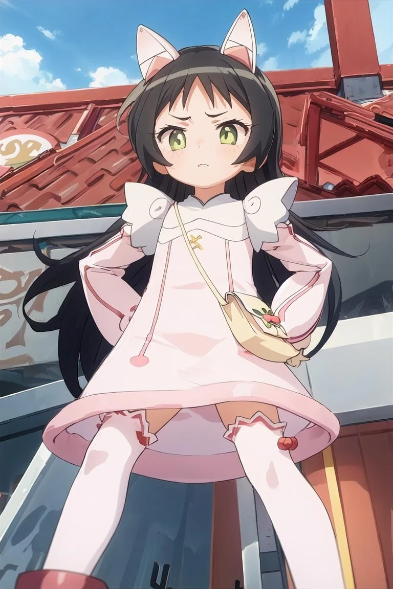 <lora:TA_kurumi_v10_dim32:1> haduki kurumi,  mecha ears, bag, open stance, on rooftop, hands on hips, from below