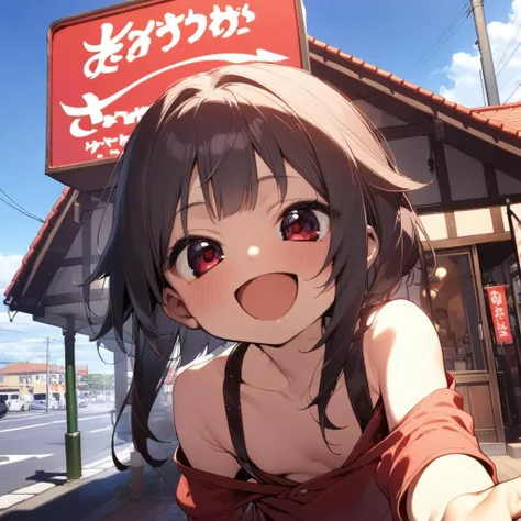 1girl,megumin,blunt bangs,red shirt,red eyes,petite,off shoulder,happy,smile,open mouth,close up,taking viewer's hand,sawayaka, storefront, outdoors, sky, sign, blue sky, cloud,building, utility pole, lamppost, <lora:sawayaka_SDXL_V1:0.9> <lora:Megumin_XL:0.8><lora:XDetail_light:1.5> masterpiece,best quality