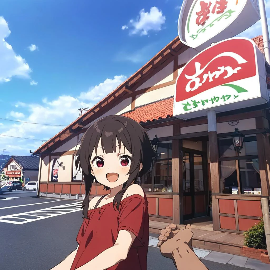 1girl,megumin,blunt bangs,red shirt,red eyes,petite,off shoulder,happy,smile,open mouth,close up,taking viewer's hand,sawayaka, storefront, outdoors, road, sky, sign, anime screencap, blue sky, cloud,building, utility pole, day, lamppost, <lora:sawayaka_SDXL_V1:0.9> <lora:Megumin_XL:0.8><lora:XDetail_light:1> masterpiece,best quality