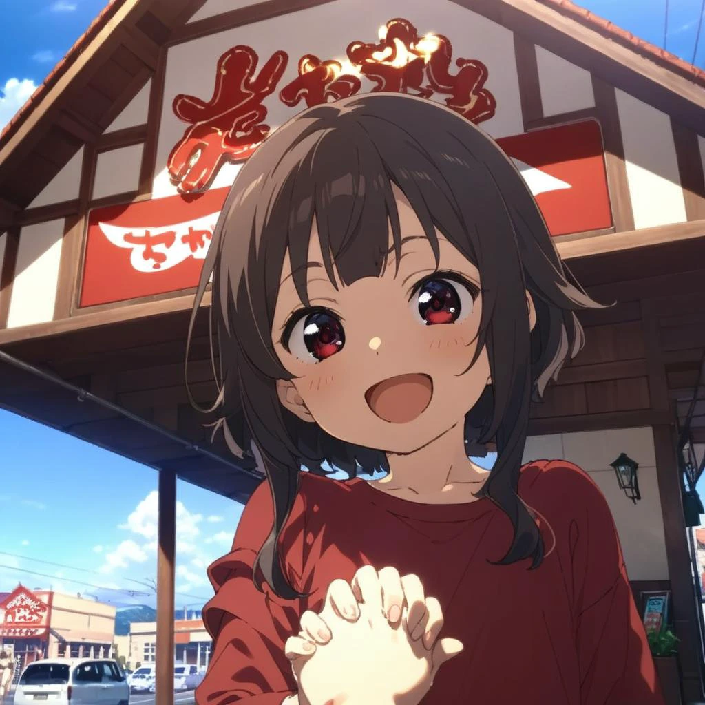 1girl,megumin,blunt bangs,red shirt,red eyes,petite,off shoulder,happy,smile,open mouth,close up,taking viewer's hand,sawayaka, storefront, outdoors, sky, sign, anime screencap, blue sky, cloud,building, utility pole, lamppost, <lora:sawayaka_SDXL_V1:0.9> <lora:Megumin_XL:0.8><lora:XDetail_light:1.5> masterpiece,best quality