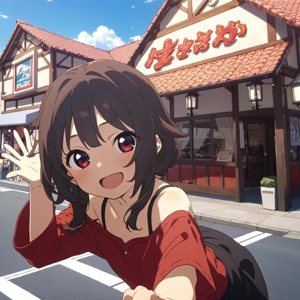 1girl,megumin,red shirt,red eyes,petite,off shoulder,happy,smile,close up,taking viewer's hand,sawayaka, storefront, outdoors, road, sky, sign, anime screencap, blue sky, cloud,building, utility pole, day, lamppost, <lora:sawayaka_SDXL_V1:0.8> <lora:Megumin_XL:0.8><lora:XDetail_light:1> masterpiece,best quality