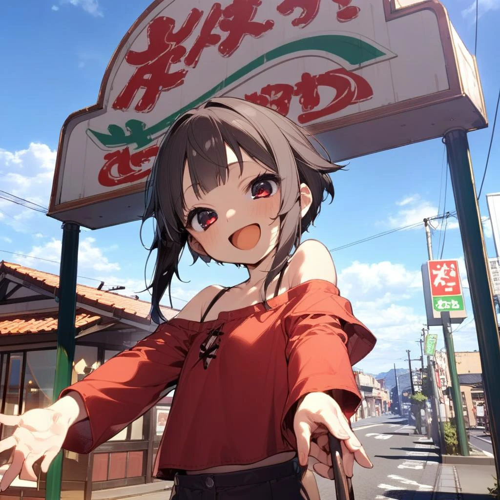 1girl,megumin,black blunt bangs,red shirt,red eyes,petite,off shoulder,happy,smile,open mouth,close up,taking viewer's hand,sawayaka, storefront, outdoors, sky, sign, blue sky, cloud,building, utility pole, lamppost, <lora:sawayaka_SDXL_V1:0.9> <lora:Megumin_XL:0.8><lora:XDetail_light:1.5> masterpiece,best quality