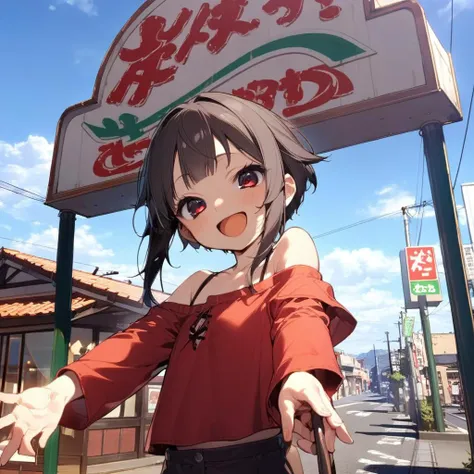 1girl,megumin,black blunt bangs,red shirt,red eyes,petite,off shoulder,happy,smile,open mouth,close up,taking viewer's hand,sawayaka, storefront, outdoors, sky, sign, blue sky, cloud,building, utility pole, lamppost,  <lora:sawayaka_SDXL_V1:0.9> <lora:Megumin_XL:0.8><lora:XDetail_light:1.5>  masterpiece,best quality