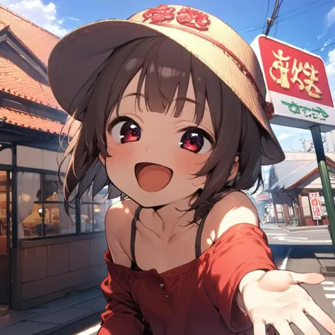 1girl,megumin,blunt bangs,red shirt,red eyes,petite,off shoulder,happy,smile,open mouth,close up,taking viewer's hand,sawayaka, storefront, outdoors, sky, sign, blue sky, cloud,building, utility pole, lamppost, <lora:sawayaka_SDXL_V1:0.9> <lora:Megumin_XL:0.8><lora:XDetail_light:1.5> masterpiece,best quality