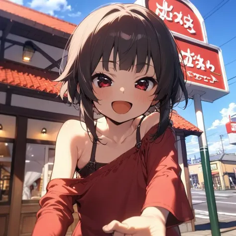 1girl,megumin,black blunt bangs,red shirt,red eyes,petite,off shoulder,happy,smile,open mouth,close up,taking viewer's hand,sawayaka, storefront, outdoors, sky, sign, blue sky, cloud,building, utility pole, lamppost, <lora:sawayaka_SDXL_V1:0.9> <lora:Megumin_XL:0.8><lora:XDetail_light:1.5> masterpiece,best quality