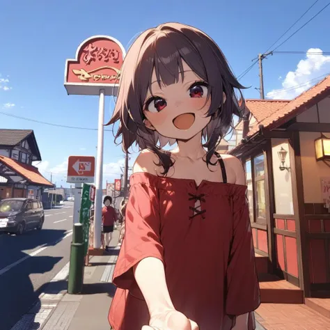 1girl,megumin,black blunt bangs,red shirt,red eyes,petite,off shoulder,happy,smile,open mouth,close up,taking viewer's hand,sawayaka, storefront, outdoors, sky, sign, blue sky, cloud,building, utility pole, lamppost,  <lora:sawayaka_SDXL_V1:0.9> <lora:Megumin_XL:0.8><lora:XDetail_light:1.5>  masterpiece,best quality