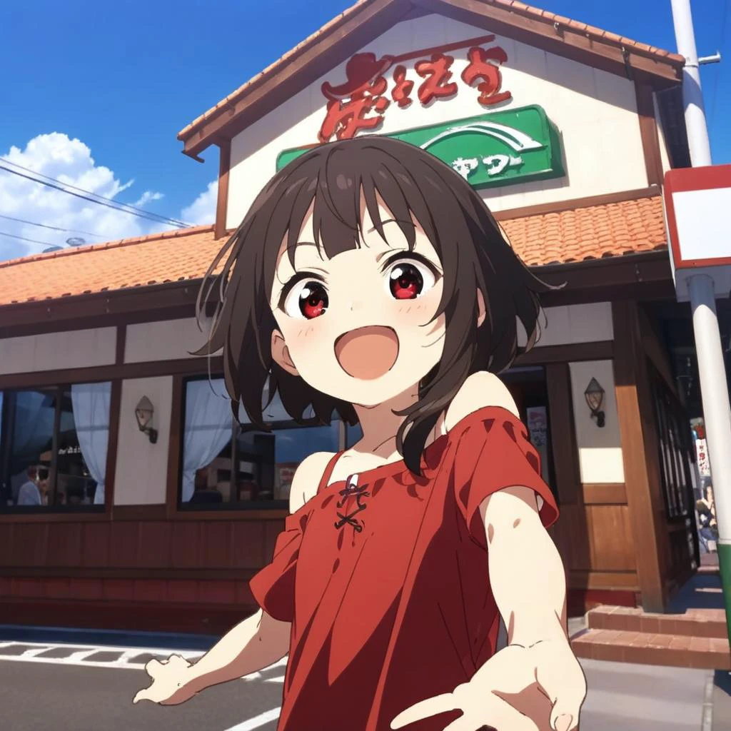 1girl,megumin,blunt bangs,red shirt,red eyes,petite,off shoulder,happy,smile,open mouth,close up,taking viewer's hand,sawayaka, storefront, outdoors, sky, sign, anime screencap, blue sky, cloud,building, utility pole, lamppost, <lora:sawayaka_SDXL_V1:0.9> <lora:Megumin_XL:0.8><lora:XDetail_light:1.5> masterpiece,best quality