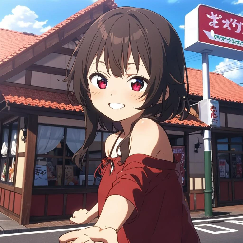 1girl,megumin,red shirt,red eyes,petite,off shoulder,happy,smile,close up,taking viewer's hand,sawayaka, storefront, outdoors, road, sky, sign, anime screencap, blue sky, cloud,building, utility pole, day, lamppost, <lora:sawayaka_SDXL_V1:0.8> <lora:Megumin_XL:0.8><lora:XDetail_light:1> masterpiece,best quality