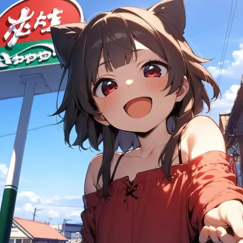1girl,megumin,black blunt bangs,red shirt,red eyes,petite,off shoulder,happy,smile,open mouth,close up,taking viewer's hand,sawayaka, storefront, outdoors, sky, sign, blue sky, cloud,building, utility pole, lamppost, <lora:sawayaka_SDXL_V1:0.9> <lora:Megumin_XL:0.8><lora:XDetail_light:1.5> masterpiece,best quality