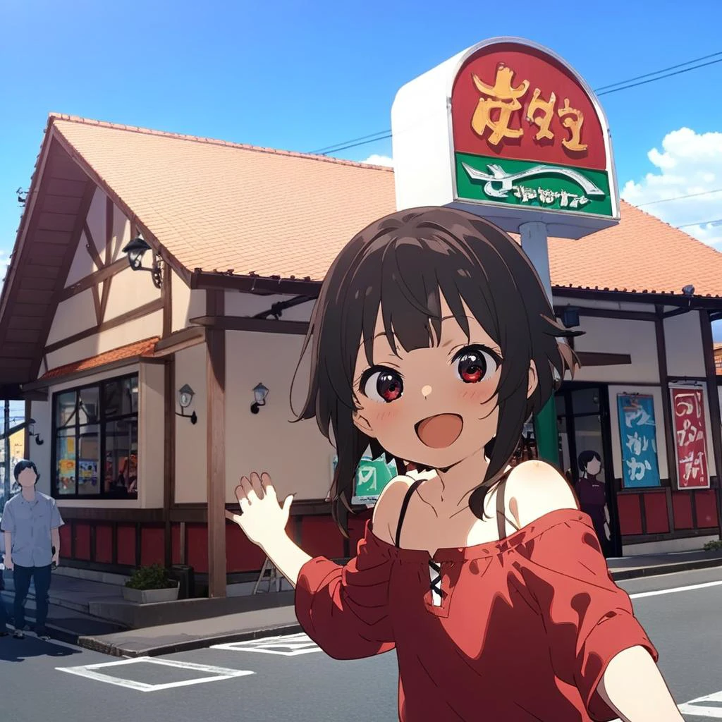 1girl,megumin,blunt bangs,red shirt,red eyes,petite,off shoulder,happy,smile,open mouth,close up,taking viewer's hand,sawayaka, storefront, outdoors, road, sky, sign, anime screencap, blue sky, cloud,building, utility pole, day, lamppost, <lora:sawayaka_SDXL_V1:0.9> <lora:Megumin_XL:0.8><lora:XDetail_light:1> masterpiece,best quality