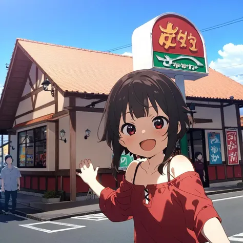 1girl,megumin,blunt bangs,red shirt,red eyes,petite,off shoulder,happy,smile,open mouth,close up,taking viewer's hand,sawayaka, storefront, outdoors, road, sky, sign, anime screencap, blue sky, cloud,building, utility pole, day, lamppost,  <lora:sawayaka_SDXL_V1:0.9> <lora:Megumin_XL:0.8><lora:XDetail_light:1>  masterpiece,best quality