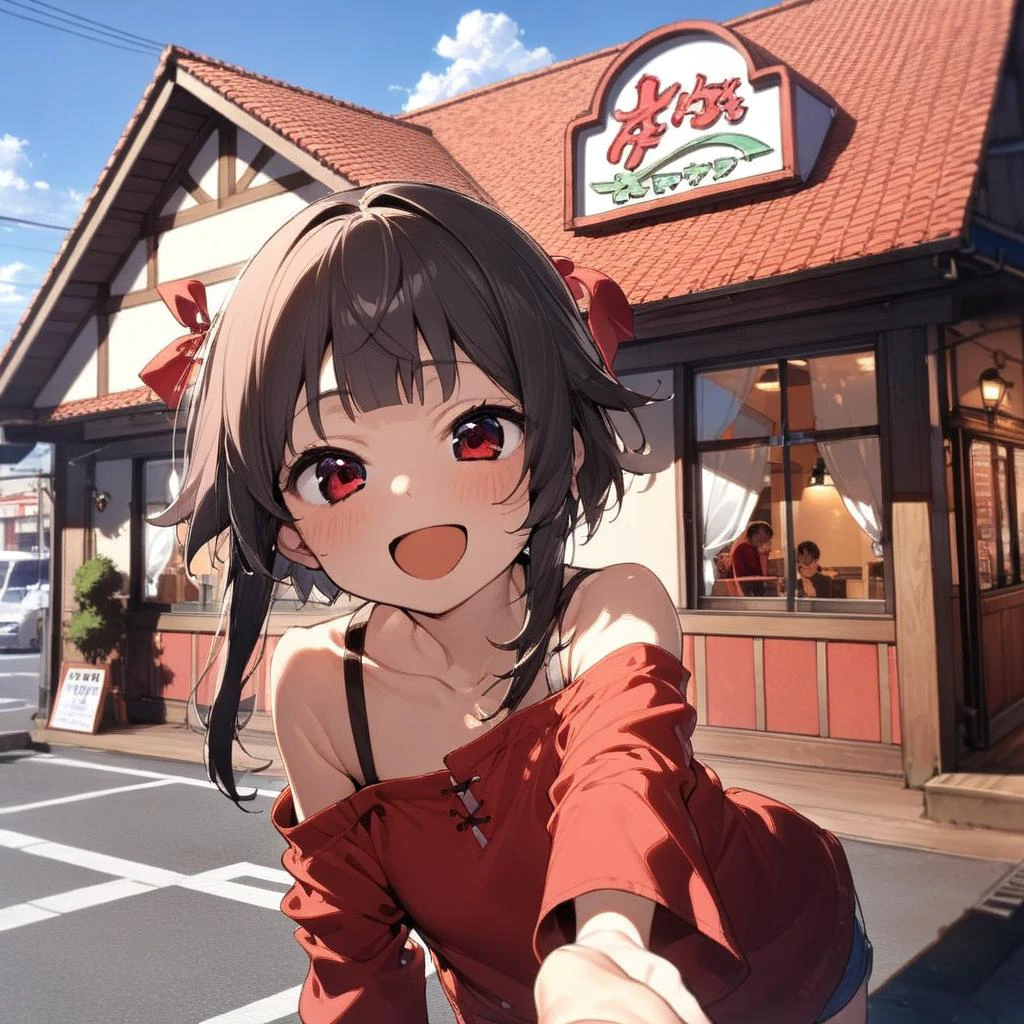 1girl,megumin,black blunt bangs,red shirt,red eyes,petite,off shoulder,happy,smile,open mouth,close up,taking viewer's hand,sawayaka, storefront, outdoors, sky, sign, blue sky, cloud,building, utility pole, lamppost, <lora:sawayaka_SDXL_V1:0.9> <lora:Megumin_XL:0.8><lora:XDetail_light:1.5> masterpiece,best quality