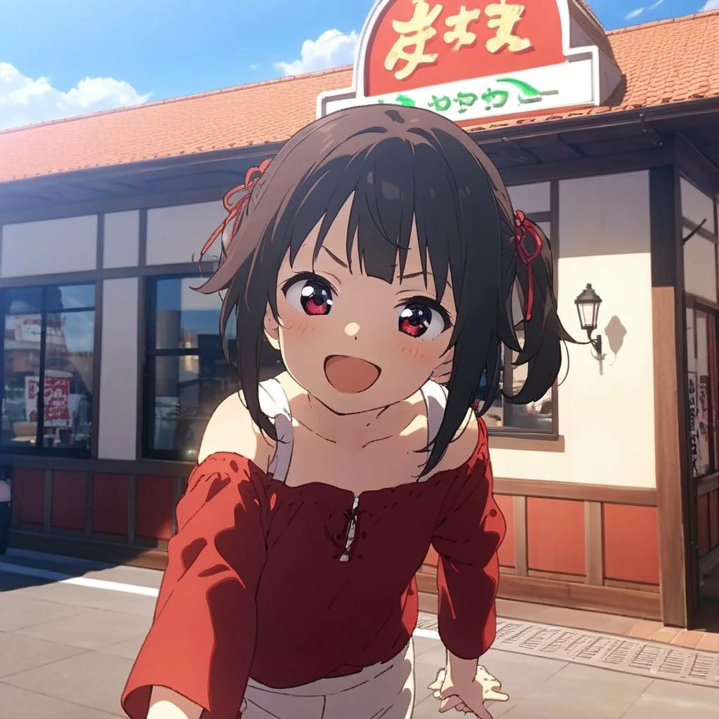 1girl,megumin,blunt bangs,red shirt,red eyes,petite,off shoulder,happy,smile,open mouth,close up,taking viewer's hand,sawayaka, storefront, outdoors, sky, sign, anime screencap, blue sky, cloud,building, utility pole, lamppost, <lora:sawayaka_SDXL_V1:0.9> <lora:Megumin_XL:0.8><lora:XDetail_light:1.5> masterpiece,best quality