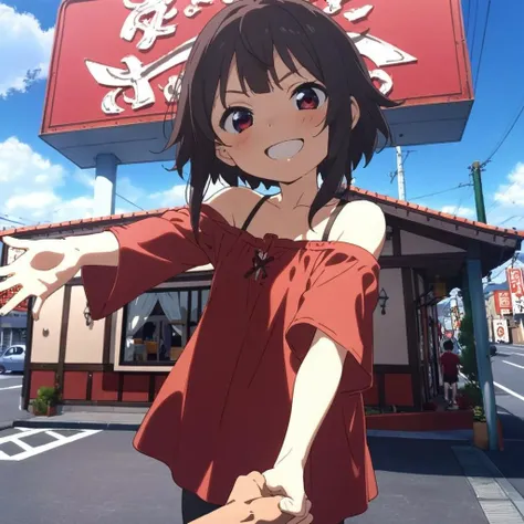 1girl,megumin,red shirt,red eyes,petite,off shoulder,happy,smile,close up,taking viewer's hand,sawayaka, storefront, outdoors, road, sky, sign, anime screencap, blue sky, cloud,building, utility pole, day, lamppost,  <lora:sawayaka_SDXL_V1:0.9> <lora:Megumin_XL:0.8><lora:XDetail_light:1>  masterpiece,best quality