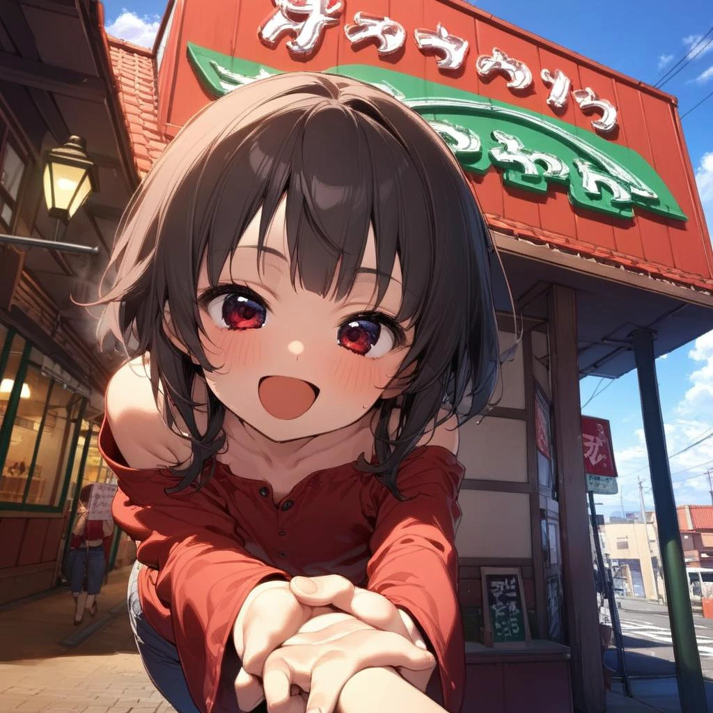 1girl,megumin,black blunt bangs,red shirt,red eyes,petite,off shoulder,happy,smile,open mouth,close up,taking viewer's hand,sawayaka, storefront, outdoors, sky, sign, blue sky, cloud,building, utility pole, lamppost, <lora:sawayaka_SDXL_V1:0.9> <lora:Megumin_XL:0.8><lora:XDetail_light:1.5> masterpiece,best quality