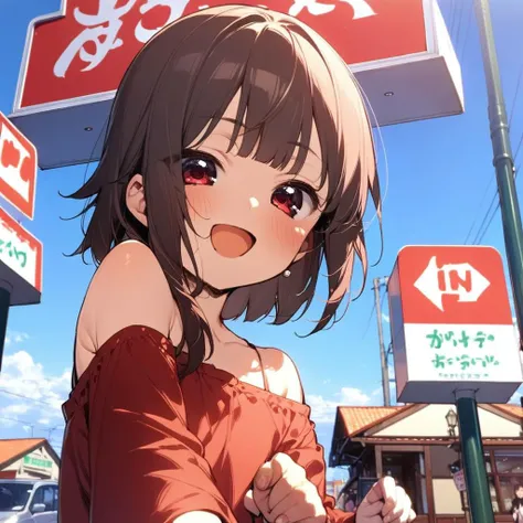 1girl,megumin,blunt bangs,red shirt,red eyes,petite,off shoulder,happy,smile,open mouth,close up,taking viewer's hand,sawayaka, storefront, outdoors, sky, sign, blue sky, cloud,building, utility pole, lamppost,  <lora:sawayaka_SDXL_V1:0.9> <lora:Megumin_XL:0.8><lora:XDetail_light:1.5>  masterpiece,best quality