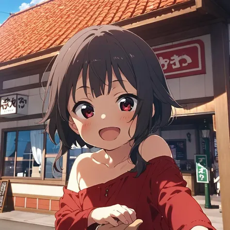 1girl,megumin,blunt bangs,red shirt,red eyes,petite,off shoulder,happy,smile,open mouth,close up,taking viewer's hand,sawayaka, storefront, outdoors, sky, sign, anime screencap, blue sky, cloud,building, utility pole, lamppost, <lora:sawayaka_SDXL_V1:0.9> <lora:Megumin_XL:0.8><lora:XDetail_light:1.5> masterpiece,best quality