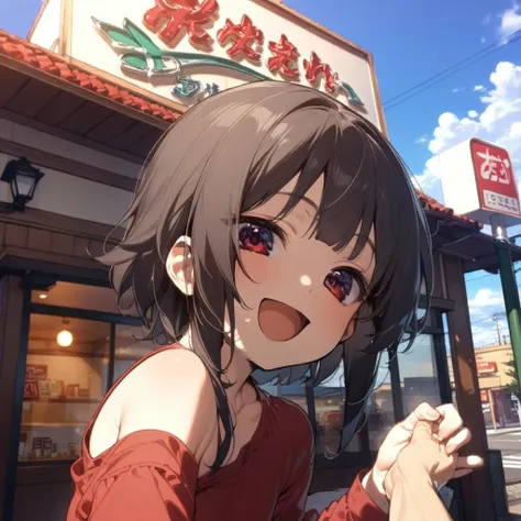 1girl,megumin,black blunt bangs,red shirt,red eyes,petite,off shoulder,happy,smile,open mouth,close up,taking viewer's hand,sawayaka, storefront, outdoors, sky, sign, blue sky, cloud,building, utility pole, lamppost,  <lora:sawayaka_SDXL_V1:0.9> <lora:Megumin_XL:0.8><lora:XDetail_light:1.5>  masterpiece,best quality