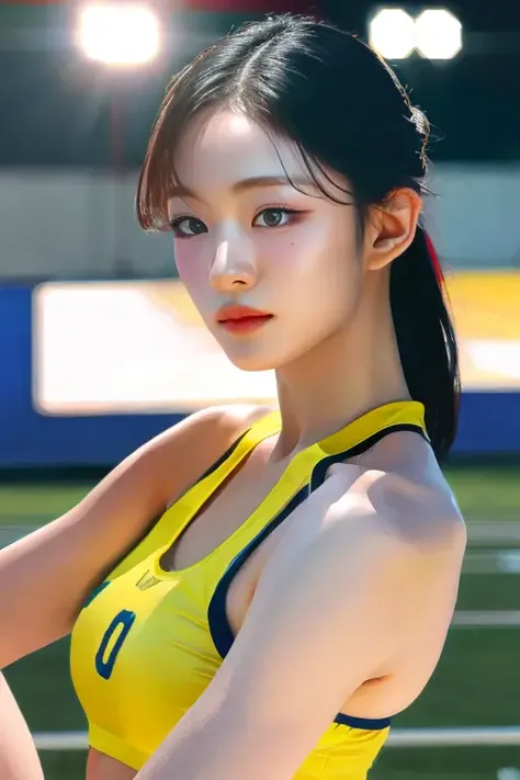 masterpiece, high contrast, photorealistic, [:(sharp focus on face, detailed face, perfect eyes, looking at viewer, glossy lips:1.2):2], skin texture, best quality, film grain, (photorealistic:1.2), high resolution, raw photo, dramatic lighting, chiaroscuro nikon d850 film stock kodak portra 400 camera f/1.6 lens rich colors hyper realistic lifelike texture dramatic lighting unreal engine artstation cinestill 800, upper body photo of pretty leechaeyoung college girl korean instagram model in track outfit outdoors on track field, sunlight, ponytail, pale skin, shiny skin, ((slim, petite)) <lora:chaeyoungFromisOTW_v1:1>
