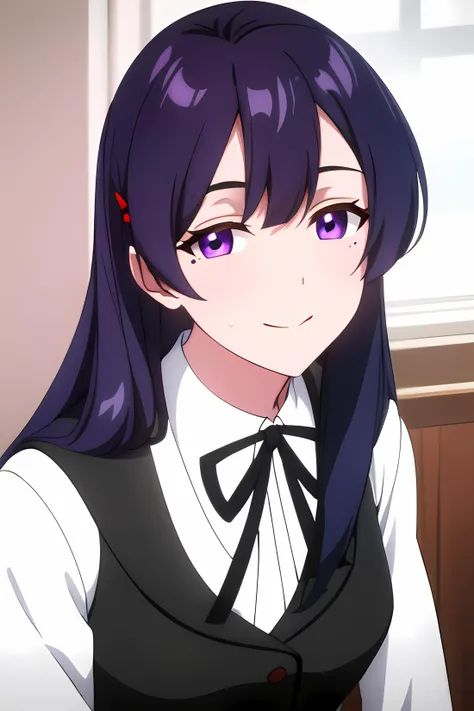 ((masterpiece, best quality)),1girl,black_legwear, rebecca bradley, black_ribbon, hair_ornament, long_hair, long_sleeves, looking_at_viewer, neck_ribbon, pantyhose, pleated_skirt, purple_eyes, ribbon, school_uniform, jacket,red,( vest),jacket,shirt,skirt, smile, solo,,extremely detailed CG unity 8k wallpaper, perfect lighting,Colorful, Bright_Front_face_Lighting,White skin, (masterpiece:1.0),(best_quality:1.0), ultra high res,4K,ultra-detailed, photography, 8K, HDR, highres, absurdres:1.2, Kodak portra 400, film grain, blurry background, bokeh:1.2, lens flare, (vibrant_color:1.2),professional photograph,(Beautiful,medium_Breasts), (beautiful_face:1.5),(narrow_waist),Beautiful Finger,Beautiful long legs,Beautiful body,Beautiful Nose,Beautiful character design, perfect eyes, perfect face,expressive eyes,perfect balance,