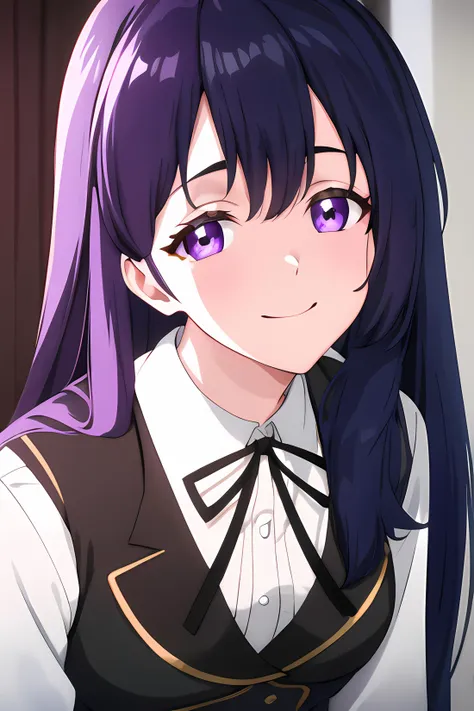 ((masterpiece, best quality)),1girl,black_legwear, rebecca bradley, black_ribbon, hair_ornament, long_hair, long_sleeves, looking_at_viewer, neck_ribbon, pantyhose, pleated_skirt, purple_eyes, ribbon, school_uniform, jacket,red,( vest),jacket,shirt,skirt, smile, solo,,extremely detailed CG unity 8k wallpaper, perfect lighting,Colorful, Bright_Front_face_Lighting,White skin, (masterpiece:1.0),(best_quality:1.0), ultra high res,4K,ultra-detailed, photography, 8K, HDR, highres, absurdres:1.2, Kodak portra 400, film grain, blurry background, bokeh:1.2, lens flare, (vibrant_color:1.2),professional photograph,(Beautiful,medium_Breasts), (beautiful_face:1.5),(narrow_waist),Beautiful Finger,Beautiful long legs,Beautiful body,Beautiful Nose,Beautiful character design, perfect eyes, perfect face,expressive eyes,perfect balance,