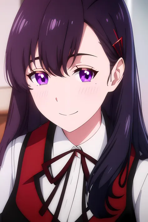 ((masterpiece, best quality)),1girl,black_legwear, rebecca bradley, black_ribbon, hair_ornament, long_hair, long_sleeves, looking_at_viewer, neck_ribbon, pantyhose, pleated_skirt, purple_eyes, ribbon, school_uniform, jacket,red,(( red vest)),jacket,shirt,skirt, smile, solo,,extremely detailed CG unity 8k wallpaper, perfect lighting,Colorful, Bright_Front_face_Lighting,White skin, (masterpiece:1.0),(best_quality:1.0), ultra high res,4K,ultra-detailed, photography, 8K, HDR, highres, absurdres:1.2, Kodak portra 400, film grain, blurry background, bokeh:1.2, lens flare, (vibrant_color:1.2),professional photograph,(Beautiful,medium_Breasts), (beautiful_face:1.5),(narrow_waist),Beautiful Finger,Beautiful long legs,Beautiful body,Beautiful Nose,Beautiful character design, perfect eyes, perfect face,expressive eyes,perfect balance,