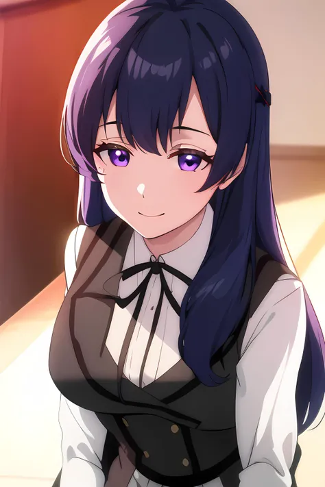 ((masterpiece, best quality)),1girl,black_legwear, rebecca bradley, black_ribbon, hair_ornament, long_hair, long_sleeves, looking_at_viewer, neck_ribbon, pantyhose, pleated_skirt, purple_eyes, ribbon, school_uniform, jacket,red,( vest),jacket,shirt,skirt, smile, solo,,extremely detailed CG unity 8k wallpaper, perfect lighting,Colorful, Bright_Front_face_Lighting,White skin, (masterpiece:1.0),(best_quality:1.0), ultra high res,4K,ultra-detailed, photography, 8K, HDR, highres, absurdres:1.2, Kodak portra 400, film grain, blurry background, bokeh:1.2, lens flare, (vibrant_color:1.2),professional photograph,(Beautiful,medium_Breasts), (beautiful_face:1.5),(narrow_waist),Beautiful Finger,Beautiful long legs,Beautiful body,Beautiful Nose,Beautiful character design, perfect eyes, perfect face,expressive eyes,perfect balance,