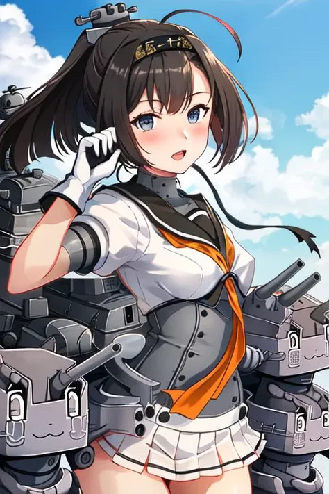 best quality, masterpiece, highres, solo, {akizuki_kantaicollection:1.15}, black_hair, ponytail, headband, long_hair, hachimaki, blush, serafuku, blue_eyes, open_mouth, ahoge, breasts