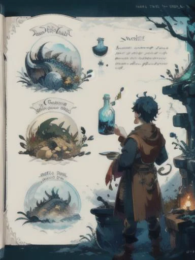 masterpiece, best quality, 8k, HoarfrostExplorationDiary, character profile, character design, english text, description, dragon, tail, 1boy, ((12 yo boy)), (potion receipe), ingredients, herbals, flask, archive, category book, <lora:LoHA-HED-000010:1:LyCOPALETTE>,