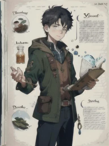 masterpiece, best quality, 8k, HoarfrostExplorationDiary, character profile, character design, english text, description, 1boy, ((12 yo boy)), (potion receipe), ingredients, herbals, flask, archive, category book, <lora:LoHA-HED-000010:1:LyCOPALETTE>,