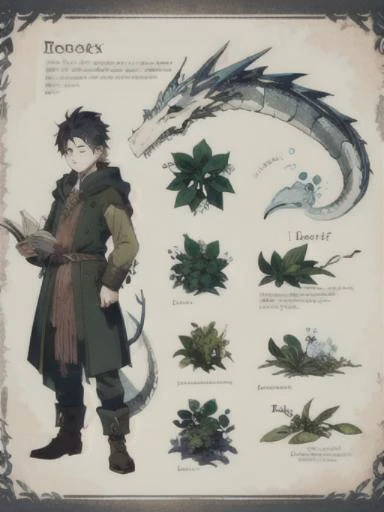 masterpiece, best quality, 8k, HoarfrostExplorationDiary, character profile, character design, english text, description, dragon, tail, 1boy, ((12 yo boy)), (potion receipe), ingredients, herbals, archive, category book, <lora:LoHA-HED-000010:1:LyCOPALETTE>,