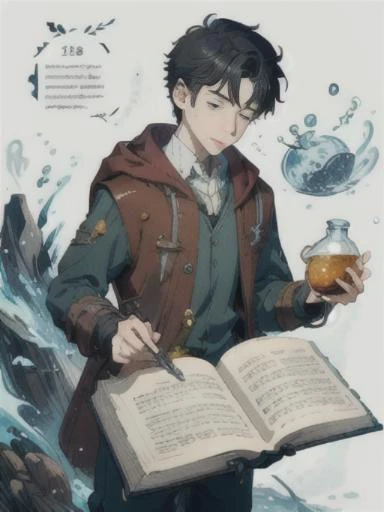 masterpiece, best quality, 8k, HoarfrostExplorationDiary, character profile, character design, english text, description, 1boy, ((*********)), (potion receipe), ingredients, herbals, flask, archive, category book, <lora:LoHA-HED-000010:1:LyCOPALETTE>,