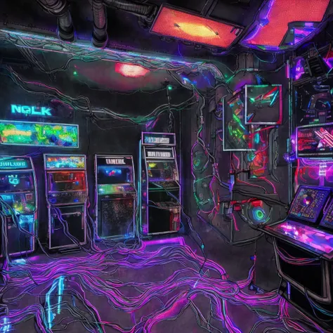 battlemap indoor, a cyberpunk video arcade with RGB lights and realistic lighting, cables on the floor