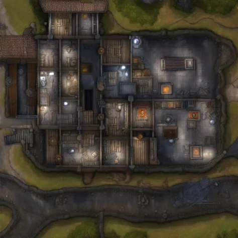 battlemap, outdoor, village, road, carriages, buildings, smithy, blacksmith, shops, fantasy village,