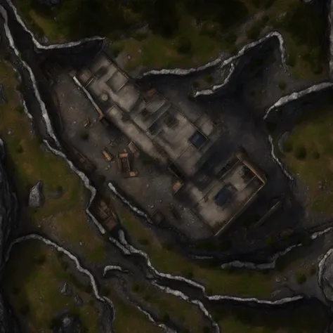 battlemap, outdoor, grassy plain, cobblestone road, mountain cliffs on side, broken down carriage, trees, rocks,