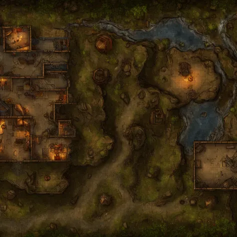 battlemap outdoor, a bandit camp with a river nearby