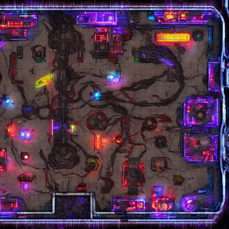 (((battlemap))) indoor, a cyberpunk video arcade with pinball machines and with neon lights and realistic lighting, cables on the floor, dungeon