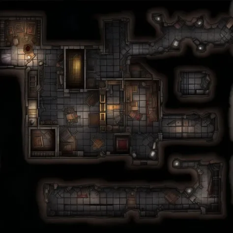 battlemap dungeon, many rooms, caves, dining room, chairs, tables,