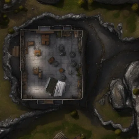 battlemap, outdoor, grassy plain, cobblestone road, mountain cliffs on side, broken down carriage, trees, rocks,