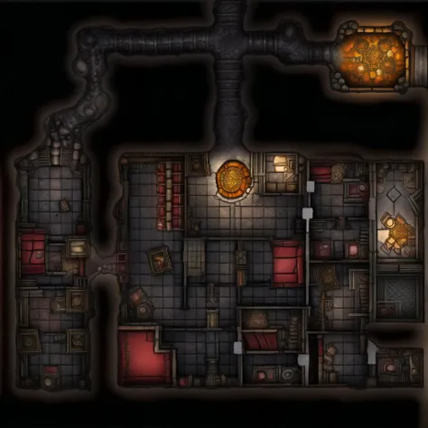 battlemap dungeon, many rooms, caves, dining room, chairs, tables,