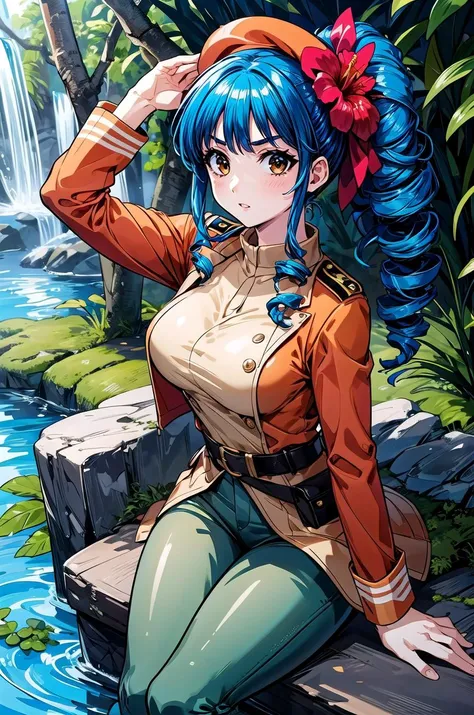 (masterpiece, best quality, detailed), 1girl, solo, ookubo_kumi, brown eyes, blue hair, drill hair, hair ribbon, ponytail, looking at viewer,
military uniform, military, soldier, belt, green pants, metal, beret, brown jacket, jungle, nature, vines, moss, fern, tropical, dappled sunlight, parrot, waterfall, hibiscus, red flower, leaning forward, adjusting hair, hand in own hair, hand on own thigh, from above, v-shaped eyebrows, parted lips