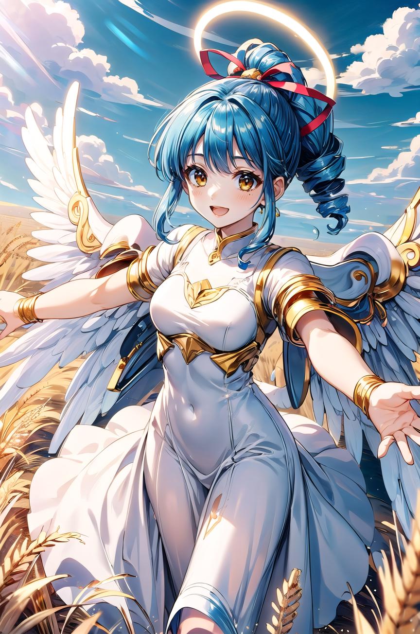 A woman with blue hair and angel wings in a field - SeaArt AI